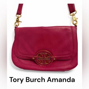 Tory Burch Amanda Pebbled Leather Crossbody in Berry Pink with Gold Hardware